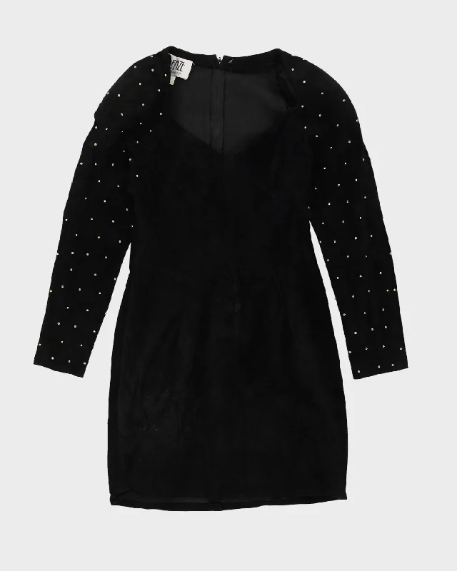 00s Black Suede Studded Mini Dress - S Stylish Puff Sleeve Mini Dress