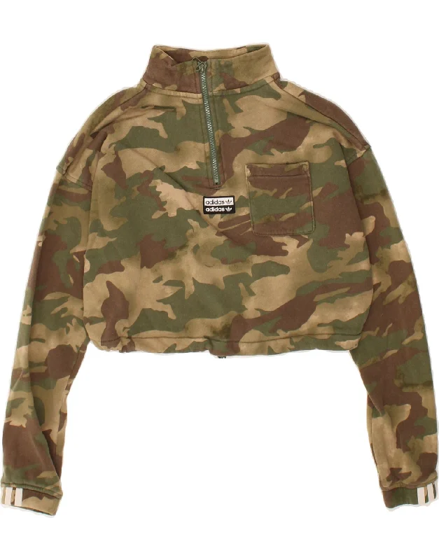 ADIDAS Womens Crop Zip Neck Sweatshirt Jumper UK 12 Medium Khaki Hoodie with High Neck Warm Protective ADIDAS Womens Crop Zip Neck Sweatshirt Jumper UK 12 Medium Khaki Hoodie with High Neck Warm Protective