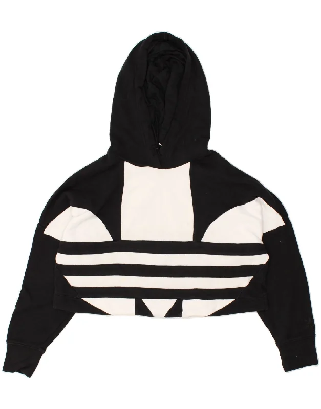 ADIDAS Womens Graphic Crop Hoodie Jumper UK 6 XS Black Cotton Hoodie with Hem Drawcord Adjustable Customizable ADIDAS Womens Graphic Crop Hoodie Jumper UK 6 XS Black Cotton Hoodie with Hem Drawcord Adjustable Customizable