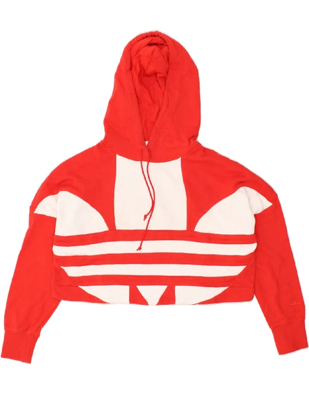 ADIDAS Womens Graphic Crop Hoodie Jumper UK 6 XS Red Cotton Hoodie with Hem Embroidery Detailed Premium ADIDAS Womens Graphic Crop Hoodie Jumper UK 6 XS Red Cotton Hoodie with Hem Embroidery Detailed Premium