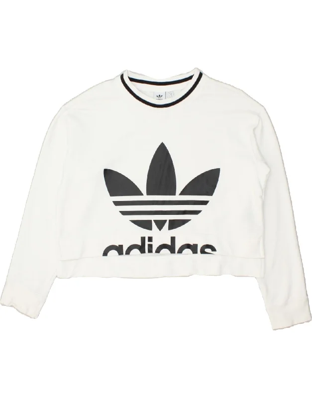 ADIDAS Womens Graphic Crop Sweatshirt Jumper UK 10 Small White Cotton Hoodie with Stripes Bold Sporty ADIDAS Womens Graphic Crop Sweatshirt Jumper UK 10 Small White Cotton Hoodie with Stripes Bold Sporty