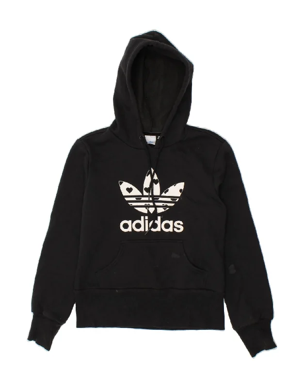 ADIDAS Womens Graphic Hoodie Jumper EU 42 Medium Black Cotton Hoodie with Hem Embroidery Detailed Premium