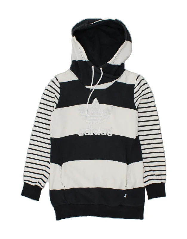 ADIDAS Womens Graphic Hoodie Jumper UK 10 Small Navy Blue Striped Cotton Hoodie with Pastel Soft Subtle ADIDAS Womens Graphic Hoodie Jumper UK 10 Small Navy Blue Striped Cotton Hoodie with Pastel Soft Subtle