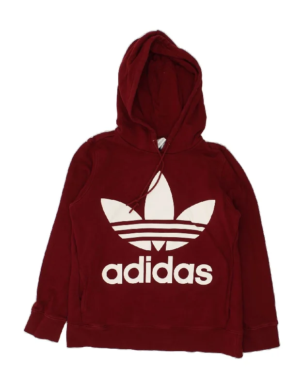 ADIDAS Womens Graphic Hoodie Jumper UK 12 Medium Burgundy Cotton Hoodie with Hem Applique Textured Unique ADIDAS Womens Graphic Hoodie Jumper UK 12 Medium Burgundy Cotton Hoodie with Hem Applique Textured Unique