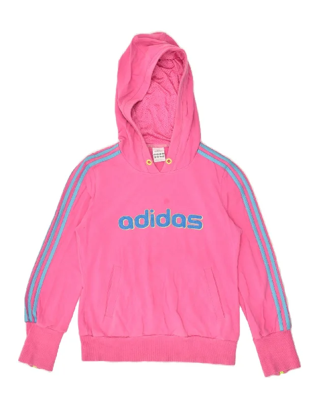 ADIDAS Womens Graphic Hoodie Jumper UK 14 Large Pink Cotton Hoodie with Hem Detail Decorative Unique ADIDAS Womens Graphic Hoodie Jumper UK 14 Large Pink Cotton Hoodie with Hem Detail Decorative Unique