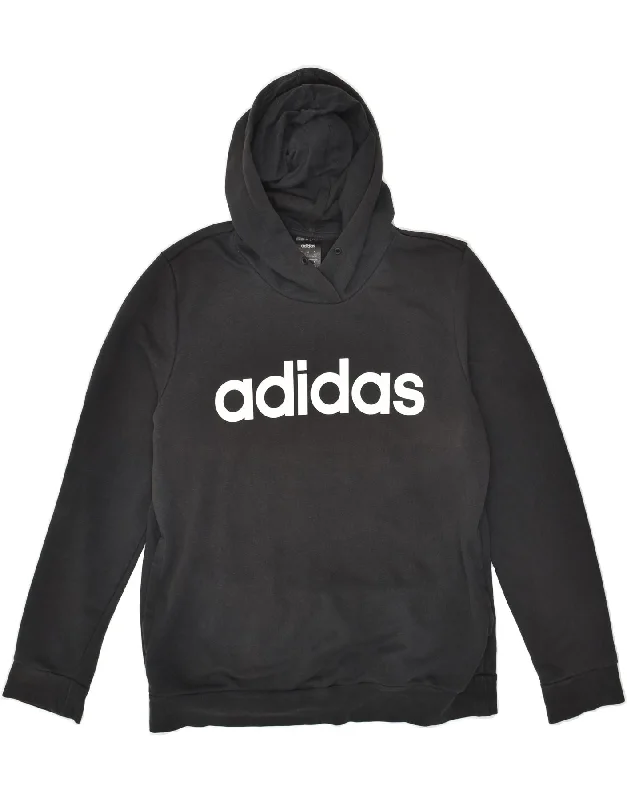 ADIDAS Womens Graphic Hoodie Jumper UK 16/18 Large Black Cotton Hoodie with Emblem Brand Identity