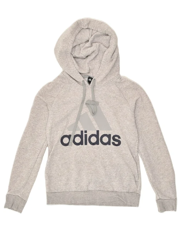 ADIDAS Womens Graphic Hoodie Jumper UK 8/10 Small Grey Cotton Hoodie with Emblem Brand Identity ADIDAS Womens Graphic Hoodie Jumper UK 8/10 Small Grey Cotton Hoodie with Emblem Brand Identity