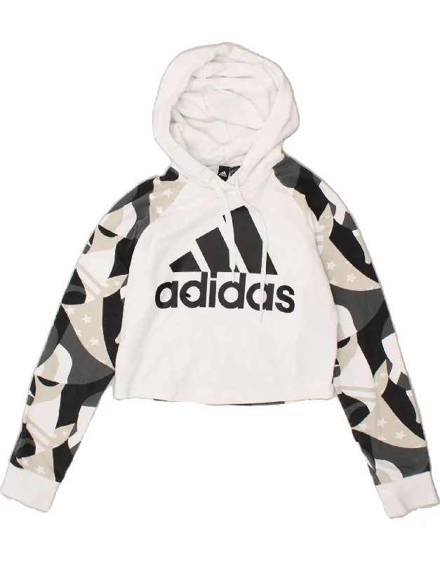 ADIDAS Womens Graphic Hoodie Jumper UK 8/10 Small White Cotton Hoodie with Thumb Holes Functional Cozy ADIDAS Womens Graphic Hoodie Jumper UK 8/10 Small White Cotton Hoodie with Thumb Holes Functional Cozy