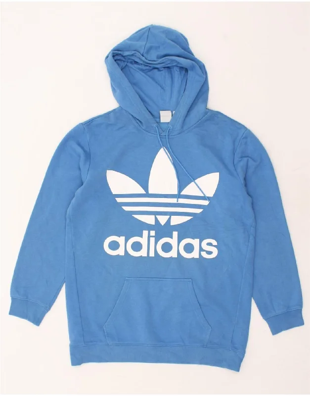 ADIDAS Womens Graphic Hoodie Jumper UK 8 Small Blue Cotton Hoodie with Hem Detail Decorative Unique ADIDAS Womens Graphic Hoodie Jumper UK 8 Small Blue Cotton Hoodie with Hem Detail Decorative Unique