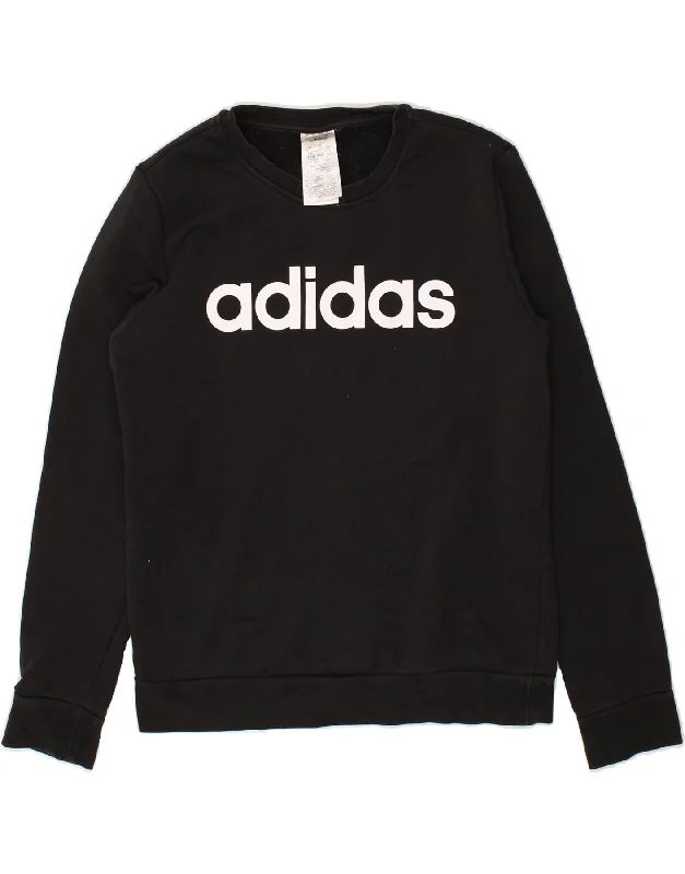 ADIDAS Womens Graphic Sweatshirt Jumper UK 12/14 Medium Black Cotton Hoodie with Frayed Bohemian Relaxed ADIDAS Womens Graphic Sweatshirt Jumper UK 12/14 Medium Black Cotton Hoodie with Frayed Bohemian Relaxed