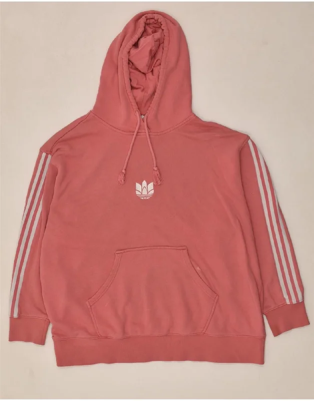 ADIDAS Womens Hoodie Jumper UK 16 Large Pink Cotton Hoodie with Raw Hem Edgy Unfinished