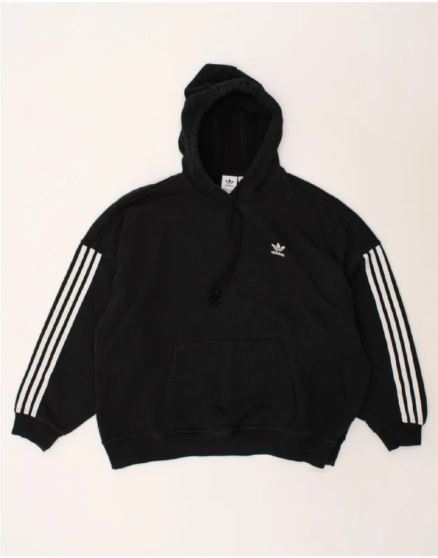ADIDAS Womens Oversized Hoodie Jumper UK 12 Medium  Black Cotton Hoodie with Toggle Buttons Decorative Unique