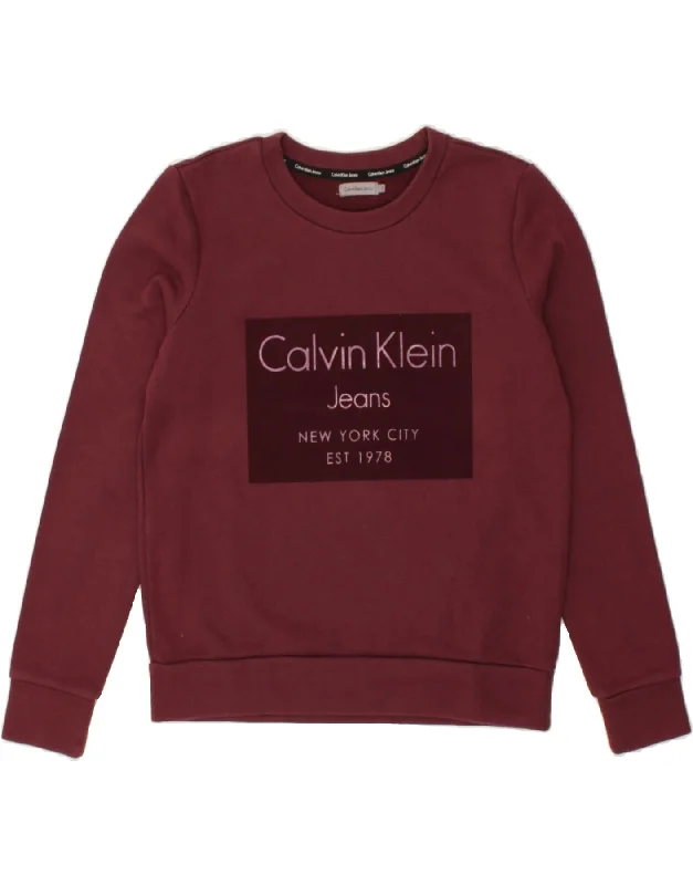 CALVIN KLEIN JEANS Womens Graphic Sweatshirt Jumper UK 10 Small Maroon Hoodie with Hem Fringe Bohemian Relaxed CALVIN KLEIN JEANS Womens Graphic Sweatshirt Jumper UK 10 Small Maroon Hoodie with Hem Fringe Bohemian Relaxed