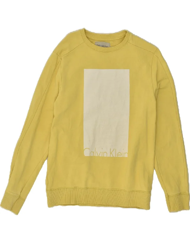 CALVIN KLEIN JEANS Womens Graphic Sweatshirt Jumper UK 16 Large Yellow Hoodie with Rolled Sleeves Casual Relaxed CALVIN KLEIN JEANS Womens Graphic Sweatshirt Jumper UK 16 Large Yellow Hoodie with Rolled Sleeves Casual Relaxed