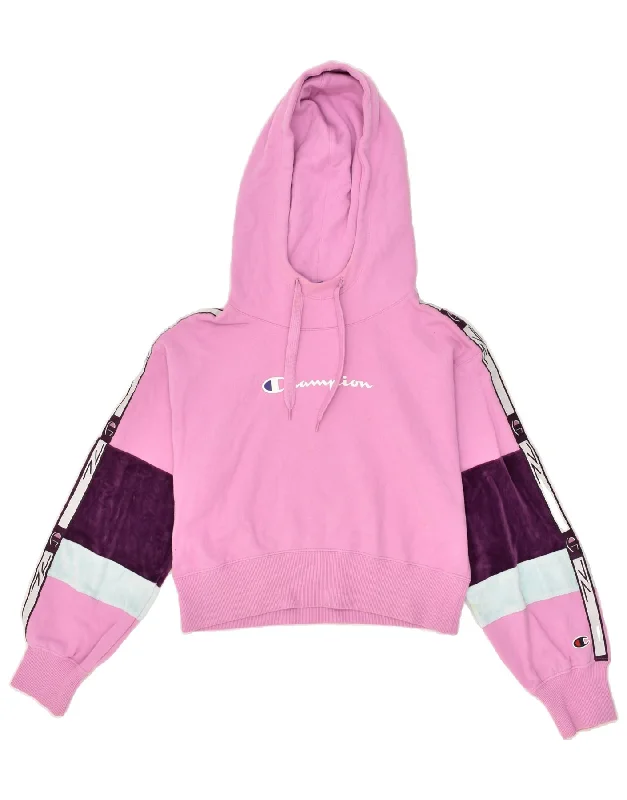 CHAMPION Womens Crop Graphic Hoodie Jumper UK 12 Medium Pink Colourblock Graphic Hoodie Design Print CHAMPION Womens Crop Graphic Hoodie Jumper UK 12 Medium Pink Colourblock Graphic Hoodie Design Print