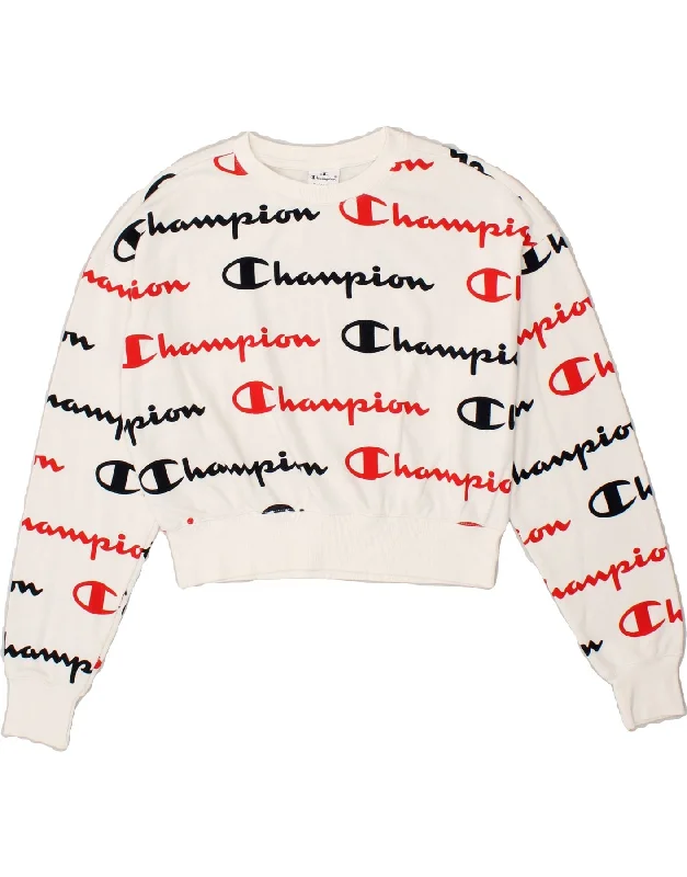 CHAMPION Womens Crop Graphic Sweatshirt Jumper UK 6 XS White Cotton Hoodie with Hem Applique Textured Unique CHAMPION Womens Crop Graphic Sweatshirt Jumper UK 6 XS White Cotton Hoodie with Hem Applique Textured Unique
