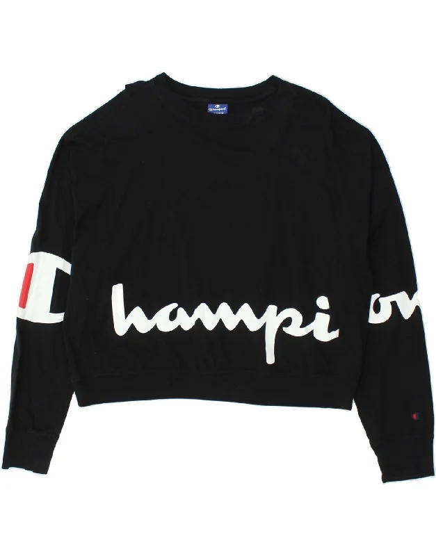 CHAMPION Womens Graphic Crop Sweatshirt Jumper UK 14 Medium Black Cotton Hoodie with Half-Zip Sporty Casual CHAMPION Womens Graphic Crop Sweatshirt Jumper UK 14 Medium Black Cotton Hoodie with Half-Zip Sporty Casual
