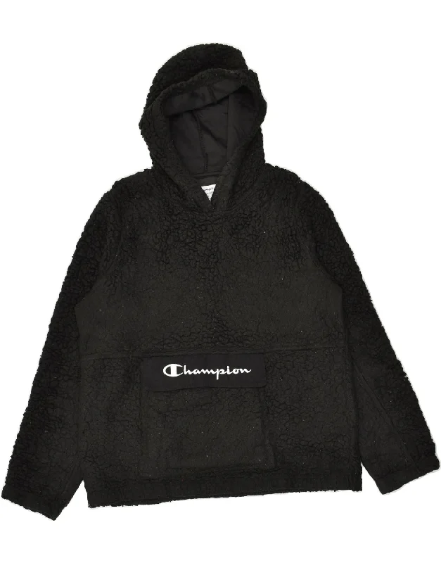 CHAMPION Womens Graphic Hooded Fleece Jumper UK 14 Large Black Polyester Hoodie with High Neck Warm Protective CHAMPION Womens Graphic Hooded Fleece Jumper UK 14 Large Black Polyester Hoodie with High Neck Warm Protective