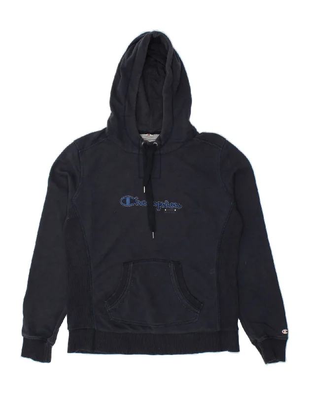 CHAMPION Womens Graphic Hoodie Jumper UK 14 Large Navy Blue Cotton Hoodie with Hem Drawcord Adjustable Customizable
