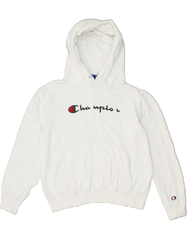 CHAMPION Womens Graphic Hoodie Jumper UK 14 Medium White Cotton Hoodie with Mock Neck Collared Structured CHAMPION Womens Graphic Hoodie Jumper UK 14 Medium White Cotton Hoodie with Mock Neck Collared Structured