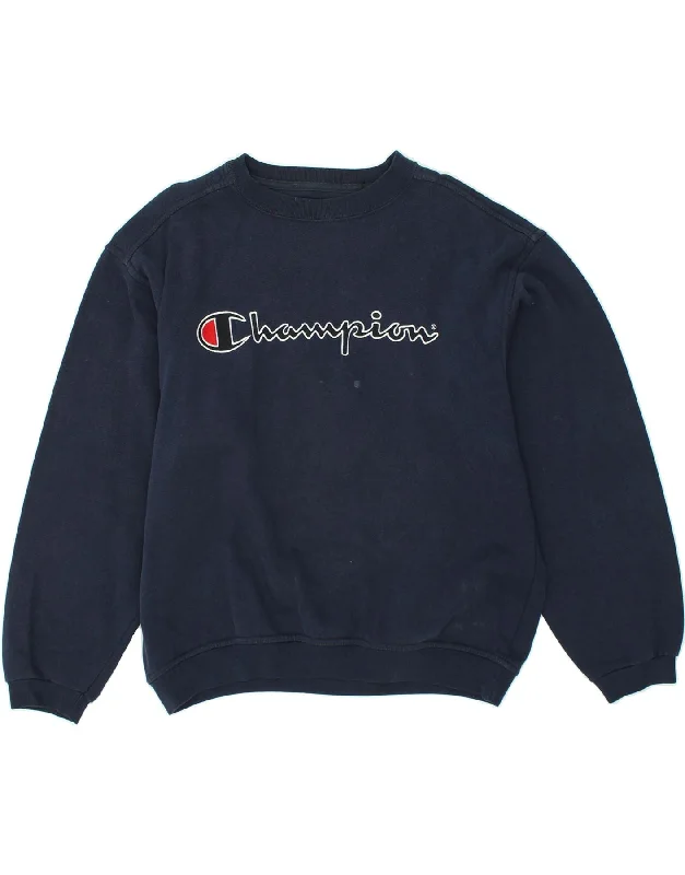 CHAMPION Womens Graphic Sweatshirt Jumper UK 14 Medium Navy Blue Cotton Hoodie with Bell Sleeves Flared Feminine CHAMPION Womens Graphic Sweatshirt Jumper UK 14 Medium Navy Blue Cotton Hoodie with Bell Sleeves Flared Feminine