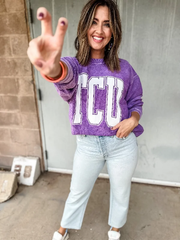 Collegiate Corded Sweatshirt | TCU Hoodie with Hem Frayed Vintage Worn