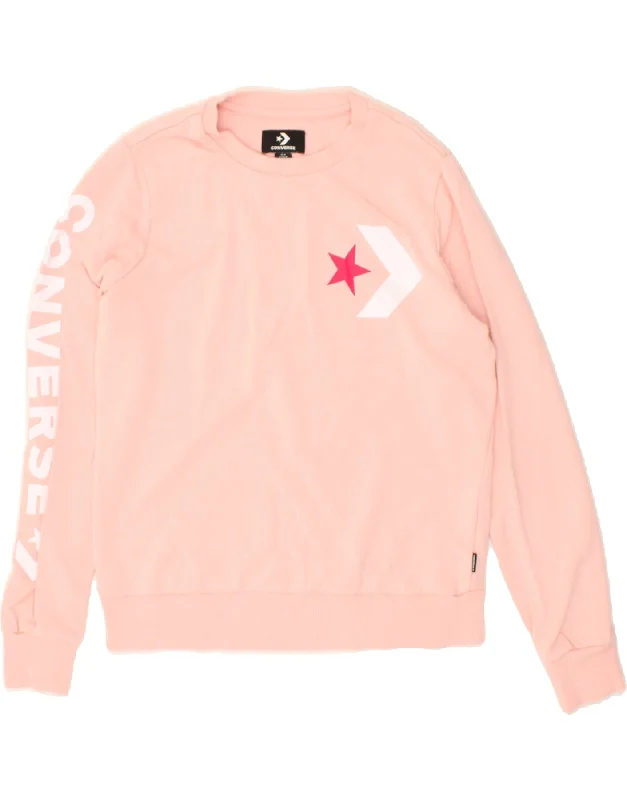 CONVERSE Womens Graphic Sweatshirt Jumper UK 14 Medium Pink Cotton Hoodie with Puffed Sleeves Voluminous Trendy CONVERSE Womens Graphic Sweatshirt Jumper UK 14 Medium Pink Cotton Hoodie with Puffed Sleeves Voluminous Trendy