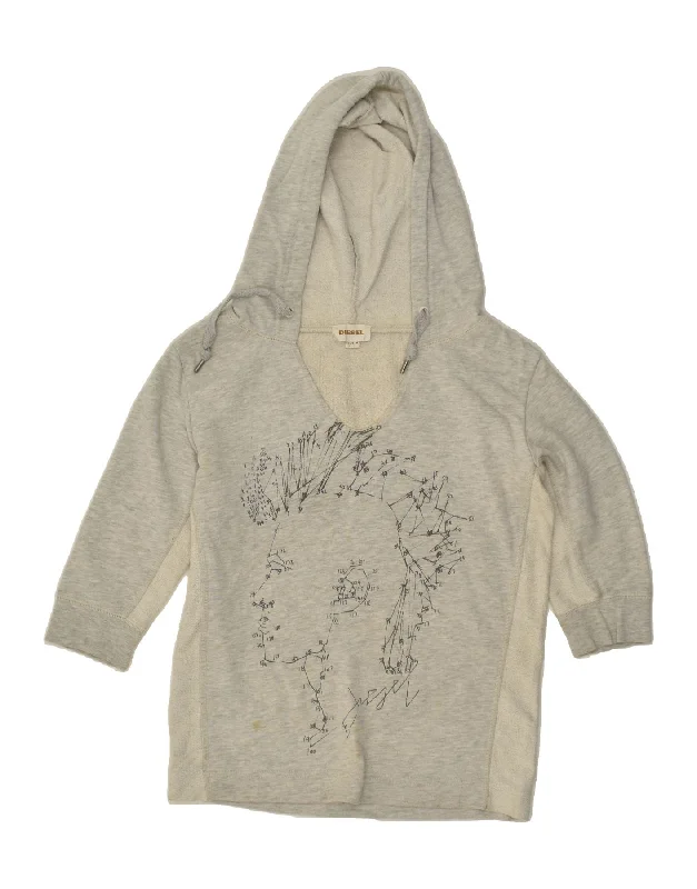DIESEL Womens Graphic 3/4 Sleeve Hoodie Jumper UK 14 Medium Grey Cotton Hoodie with Set-In Sleeves Structured Classic DIESEL Womens Graphic 3/4 Sleeve Hoodie Jumper UK 14 Medium Grey Cotton Hoodie with Set-In Sleeves Structured Classic