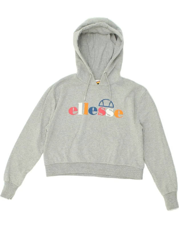 ELLESSE Womens Graphic Crop Hoodie Jumper UK 6 XS Grey Cotton Hoodie with Drawstring Waist Adjustable Fitted ELLESSE Womens Graphic Crop Hoodie Jumper UK 6 XS Grey Cotton Hoodie with Drawstring Waist Adjustable Fitted