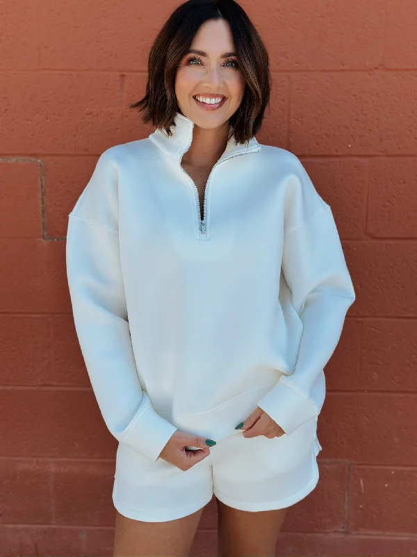 Quarter Zip Premium Scuba Sweatshirt | Off White Hoodie with Print Artistic Unique