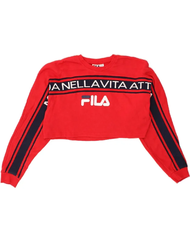 FILA Womens Crop Graphic Sweatshirt Jumper UK 14 Large Red Cotton Hoodie with Logo Branding Identity FILA Womens Crop Graphic Sweatshirt Jumper UK 14 Large Red Cotton Hoodie with Logo Branding Identity