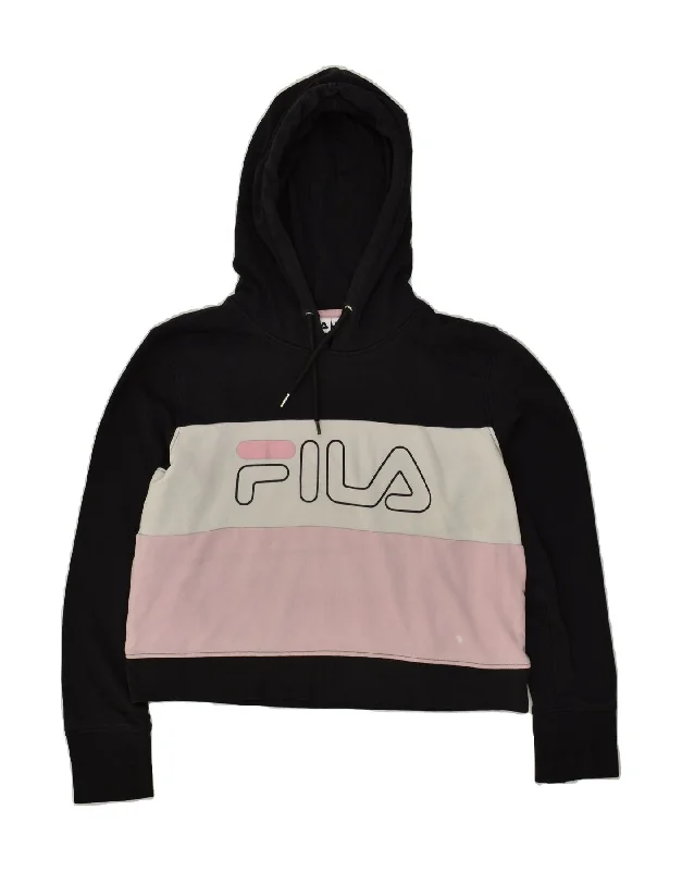 FILA Womens Graphic Crop Hoodie Jumper UK 16 Large Black Colourblock Hoodie with Puffed Sleeves Voluminous Trendy FILA Womens Graphic Crop Hoodie Jumper UK 16 Large Black Colourblock Hoodie with Puffed Sleeves Voluminous Trendy