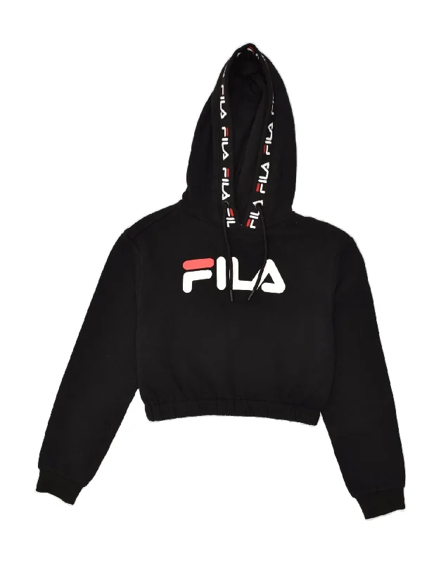 FILA Womens Graphic Crop Hoodie Jumper UK 2 2XS Black Cotton Hoodie with Turtle Neck Cozy Winter FILA Womens Graphic Crop Hoodie Jumper UK 2 2XS Black Cotton Hoodie with Turtle Neck Cozy Winter