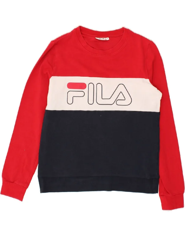 FILA Womens Graphic Sweatshirt Jumper UK 10 Small Red Colourblock Cotton Hoodie with Distressed Vintage Worn FILA Womens Graphic Sweatshirt Jumper UK 10 Small Red Colourblock Cotton Hoodie with Distressed Vintage Worn