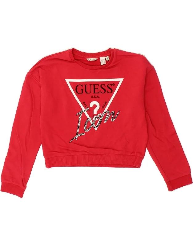 GUESS Womens Graphic Crop Sweatshirt Jumper UK 12 Medium Red Cotton Hoodie with Relaxed Fit Easy Casual GUESS Womens Graphic Crop Sweatshirt Jumper UK 12 Medium Red Cotton Hoodie with Relaxed Fit Easy Casual