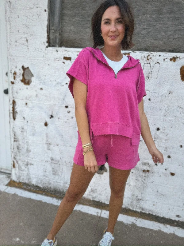 Half Zip Up Sleeveless Hoodie | Fuchsia Hoodie with Slim Fit Tailored Modern