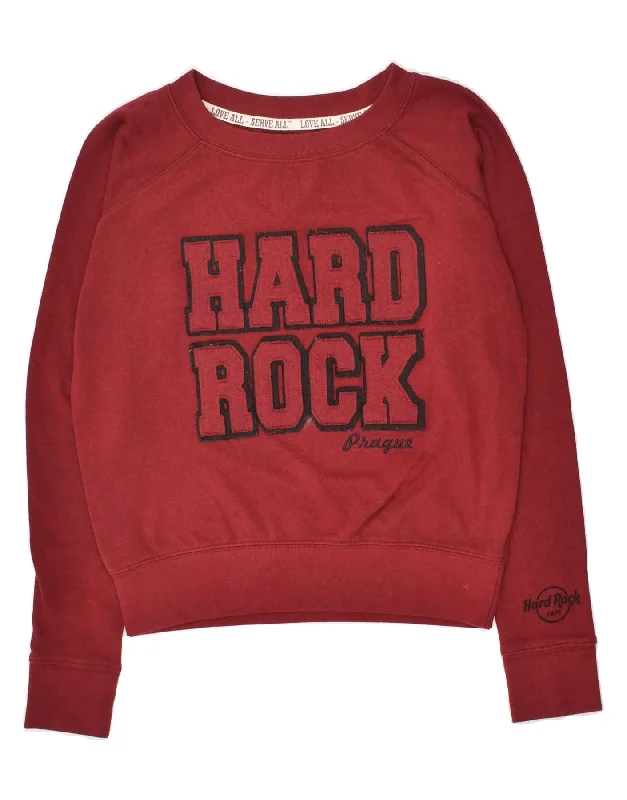 HARD ROCK CAFE Womens Prague Crop Graphic Sweatshirt Jumper UK 6 XS Red Hoodie with Stripes Bold Sporty HARD ROCK CAFE Womens Prague Crop Graphic Sweatshirt Jumper UK 6 XS Red Hoodie with Stripes Bold Sporty