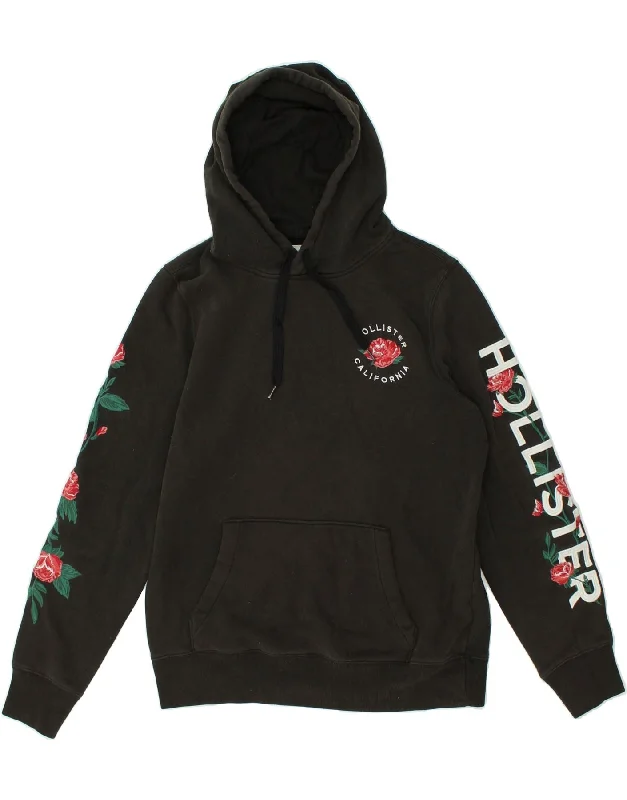HOLLISTER Womens Graphic Hoodie Jumper UK 16 Large Black Cotton Hoodie with Cuffed Sleeves Snug Secure HOLLISTER Womens Graphic Hoodie Jumper UK 16 Large Black Cotton Hoodie with Cuffed Sleeves Snug Secure