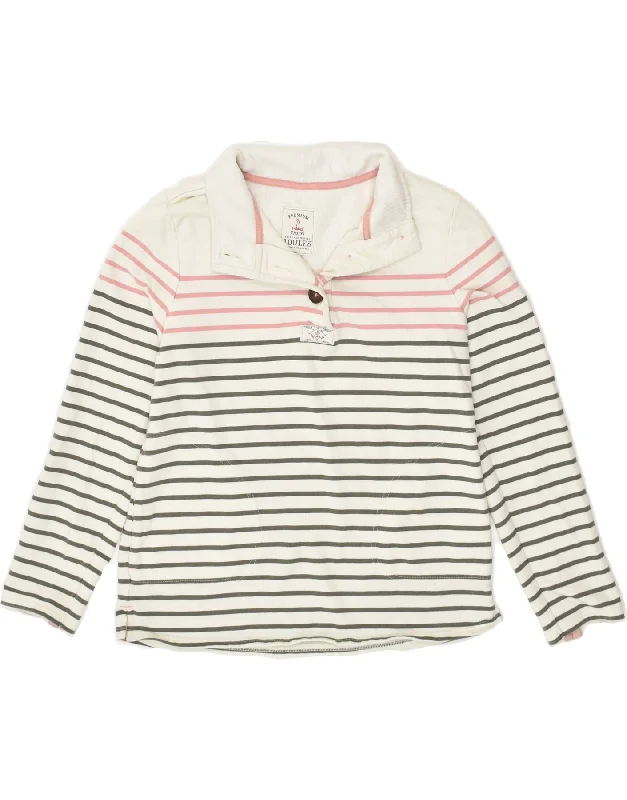 JOULES Womens Button Neck Sweatshirt Jumper UK 12 Medium White Striped Hoodie with Frayed Bohemian Relaxed