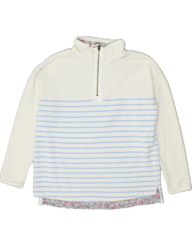 JOULES Womens Zip Neck Sweatshirt Jumper UK 12 Medium Off White Striped Hoodie with Distressed Vintage Worn JOULES Womens Zip Neck Sweatshirt Jumper UK 12 Medium Off White Striped Hoodie with Distressed Vintage Worn