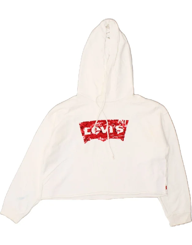 LEVI'S Womens Crop Graphic Hoodie Jumper UK 14 Medium White Cotton Hoodie with Hem Detail Decorative Unique LEVI'S Womens Crop Graphic Hoodie Jumper UK 14 Medium White Cotton Hoodie with Hem Detail Decorative Unique