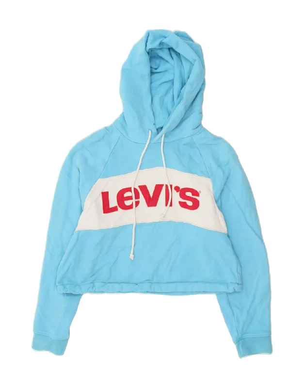 LEVI'S Womens Graphic Crop Hoodie Jumper UK 6 XS Blue Colourblock Hoodie with Raw Hem Edgy Unfinished