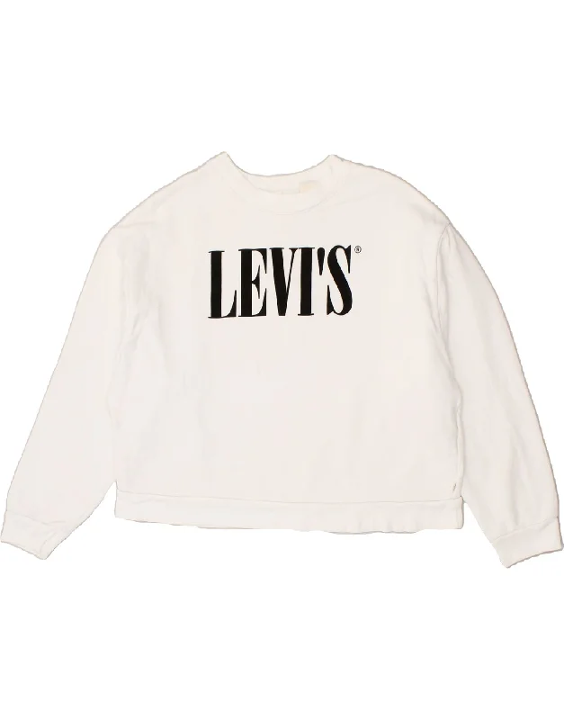 LEVI'S Womens Graphic Crop Sweatshirt Jumper UK 14 Medium White Cotton Hoodie with Hem Ribbing Snug Secure LEVI'S Womens Graphic Crop Sweatshirt Jumper UK 14 Medium White Cotton Hoodie with Hem Ribbing Snug Secure