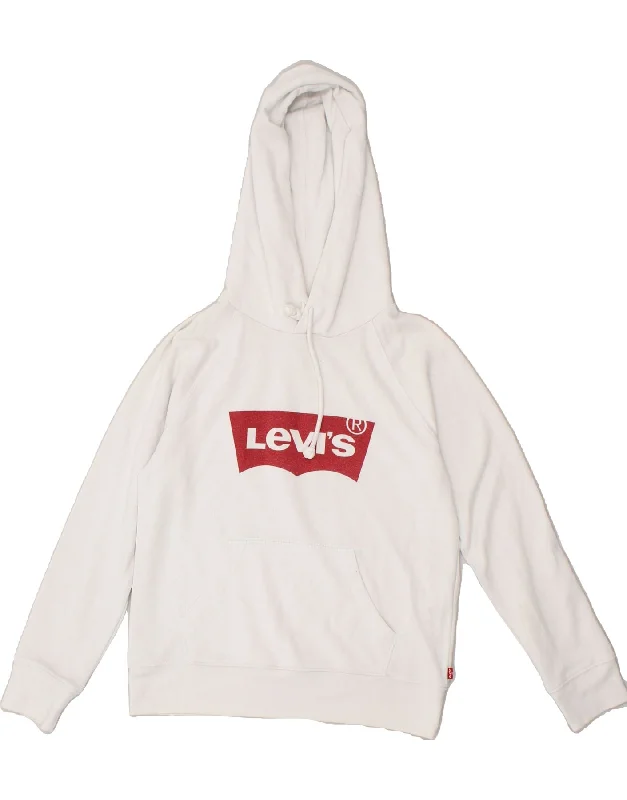 LEVI'S Womens Graphic Hoodie Jumper UK 6 XS White Cotton Hoodie with Hem Frayed Vintage Worn LEVI'S Womens Graphic Hoodie Jumper UK 6 XS White Cotton Hoodie with Hem Frayed Vintage Worn