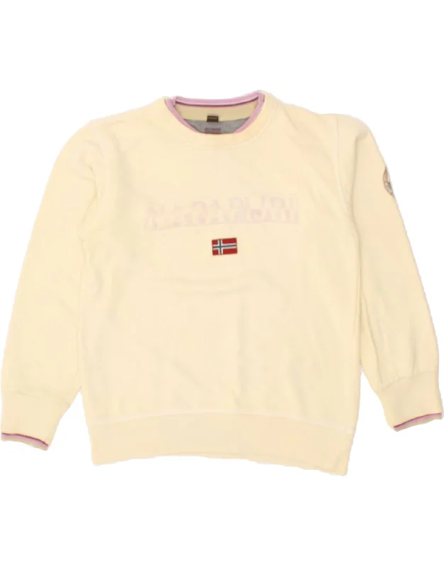 NAPAPIJRI Womens Graphic Sweatshirt Jumper US 12 Large Beige Cotton Hoodie with High-Low Hem Asymmetrical Trendy NAPAPIJRI Womens Graphic Sweatshirt Jumper US 12 Large Beige Cotton Hoodie with High-Low Hem Asymmetrical Trendy