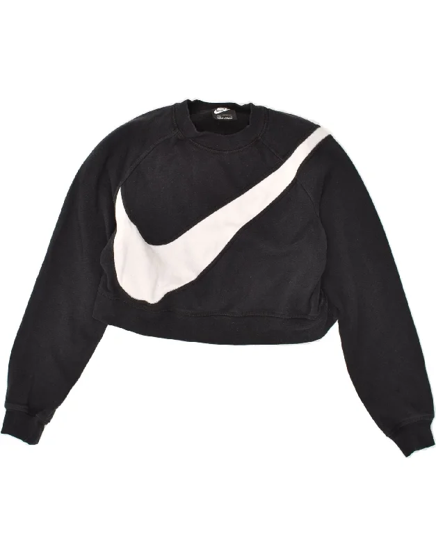 NIKE Womens Crop Graphic Sweatshirt Jumper UK 10 Small Black Cotton Hoodie with Zipper Placket Modern Functional NIKE Womens Crop Graphic Sweatshirt Jumper UK 10 Small Black Cotton Hoodie with Zipper Placket Modern Functional