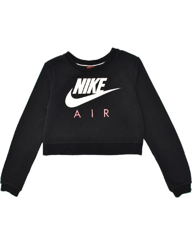 NIKE Womens Graphic Crop Sweatshirt Jumper UK 10 Small Black Cotton Hoodie with Cuffed Sleeves Snug Secure NIKE Womens Graphic Crop Sweatshirt Jumper UK 10 Small Black Cotton Hoodie with Cuffed Sleeves Snug Secure