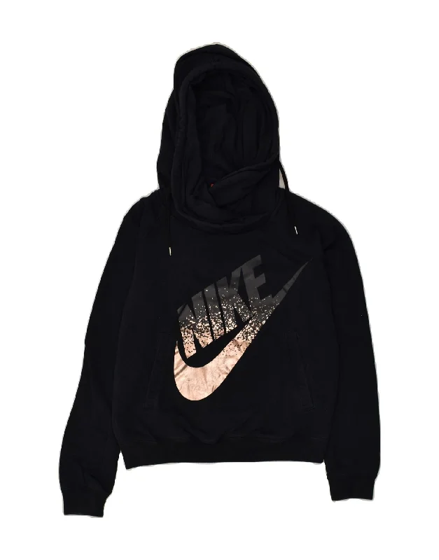 NIKE Womens Graphic Hoodie Jumper UK 10 Small Navy Blue Cotton Hoodie with Raw Hem Edgy Unfinished NIKE Womens Graphic Hoodie Jumper UK 10 Small Navy Blue Cotton Hoodie with Raw Hem Edgy Unfinished