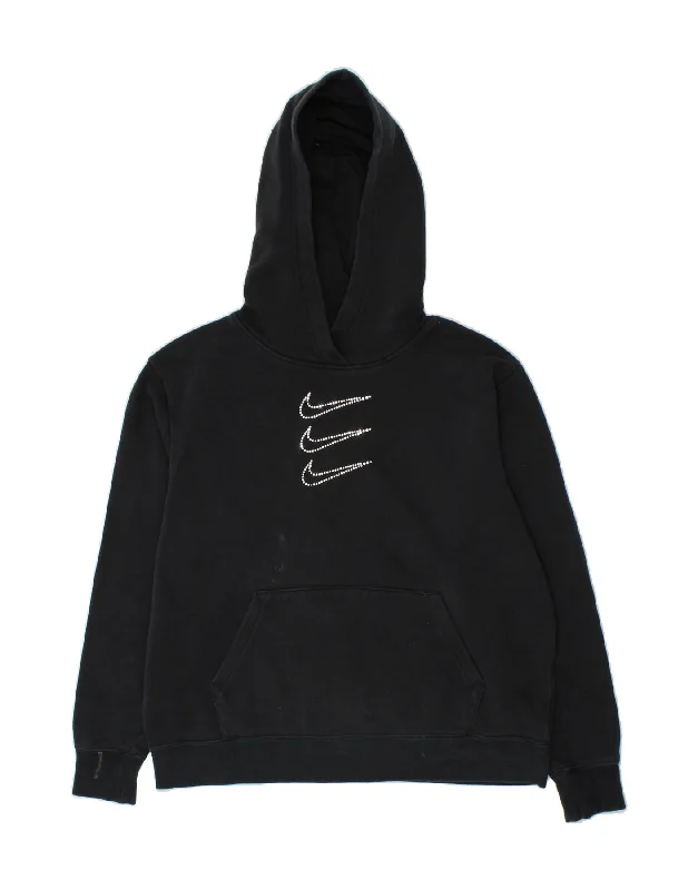 NIKE Womens Graphic Hoodie Jumper UK 14 Medium Black Cotton Hoodie with Pattern Geometric Abstract