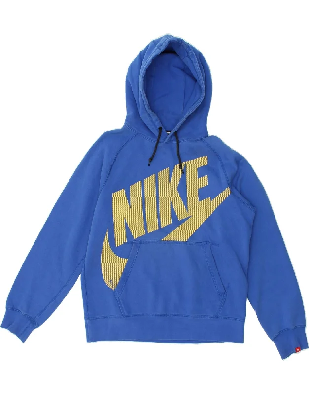 NIKE Womens Graphic Hoodie Jumper UK 14 Medium Blue Cotton Hoodie with Hem Detail Decorative Unique NIKE Womens Graphic Hoodie Jumper UK 14 Medium Blue Cotton Hoodie with Hem Detail Decorative Unique